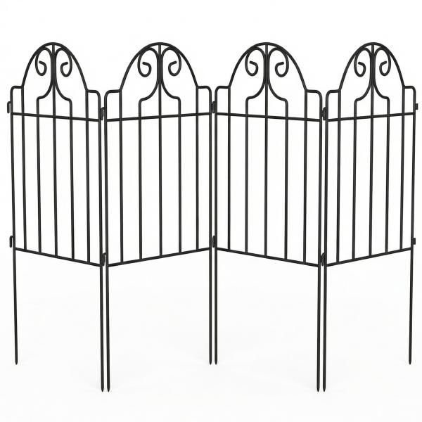 Conjunto de 4 Cercas de Jardim Metálicas 125x57 cm com Design Arqueado Resistente e Fácil de Instalar para Pátio Relva Preto