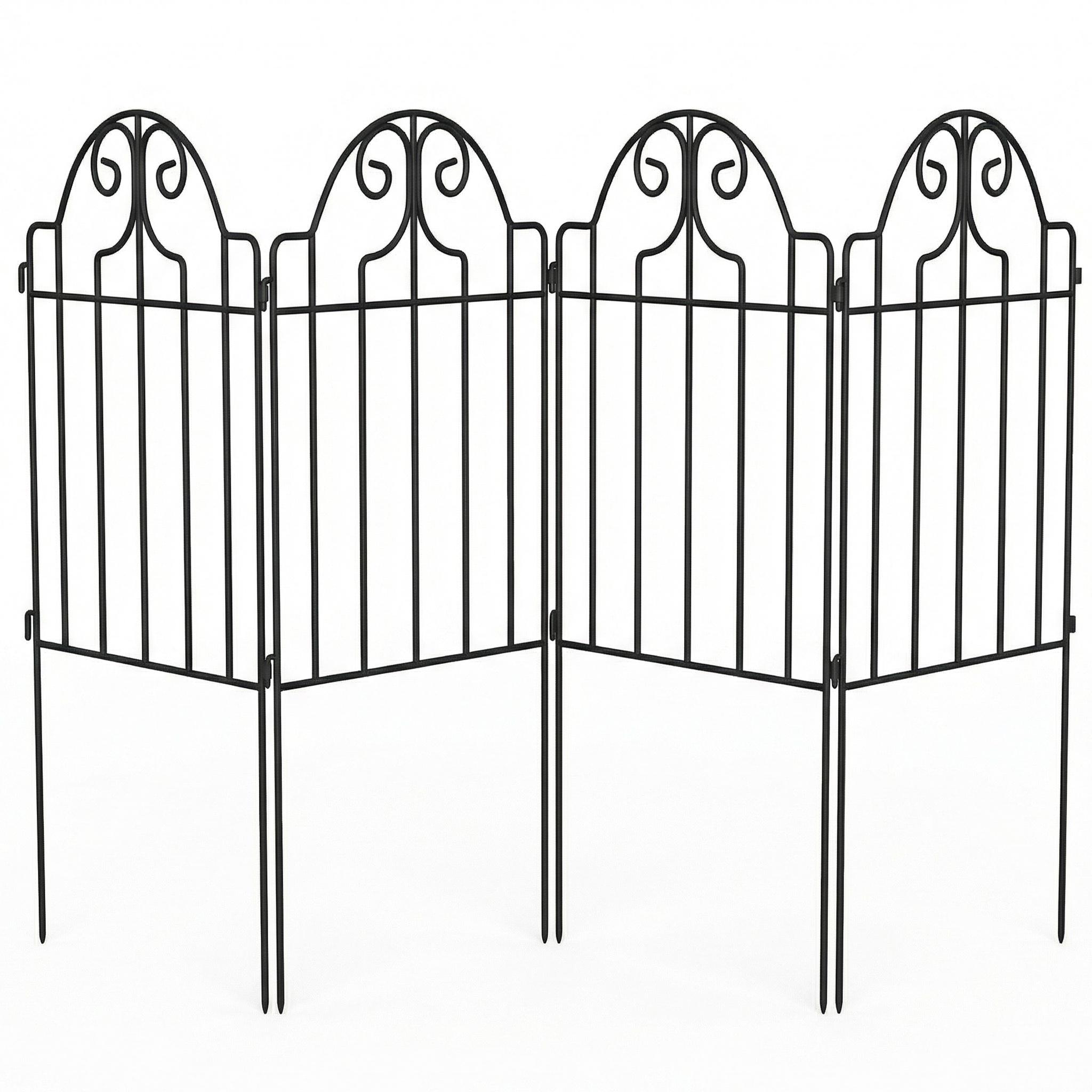Conjunto de 4 Cercas de Jardim Metálicas 125x57 cm com Design Arqueado Resistente e Fácil de Instalar para Pátio Relva Preto