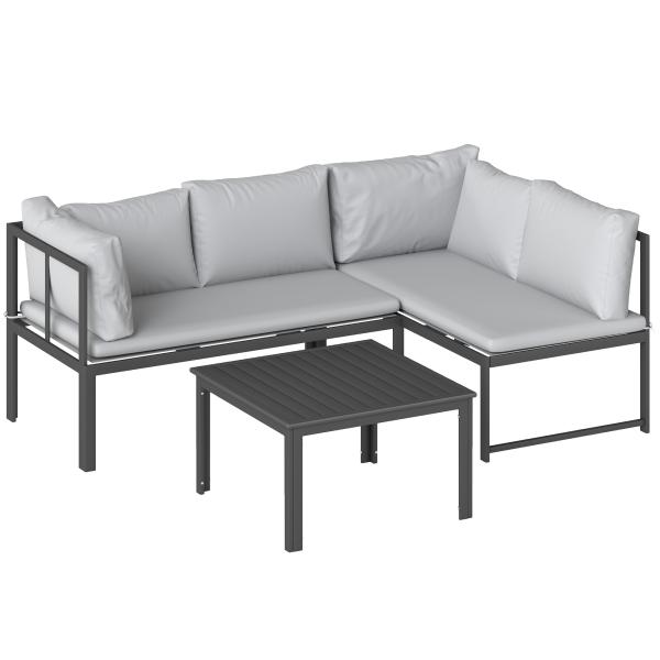 Conjunto de Jardim Exterior com Almofadas, 2 Sofás de 2 Lugares com Reposabráços Ajustáveis e Mesa de Centro, Cinzento