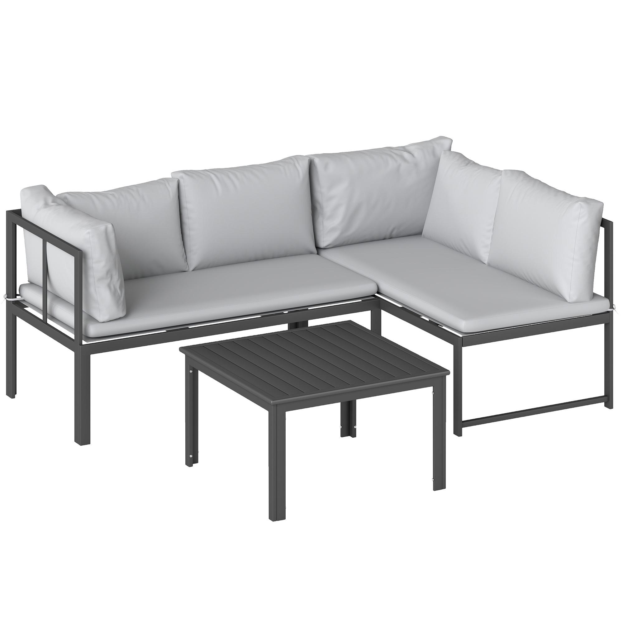 Conjunto de Jardim Exterior com Almofadas, 2 Sofás de 2 Lugares com Reposabráços Ajustáveis e Mesa de Centro, Cinzento