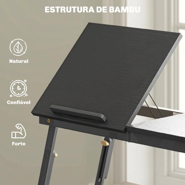 Mesa Reclinável para Cama e Sofá, Tabuleiro Dobrável com Gaveta Lateral para Computador Portátil e Livros, Cinco Alturas, Preto