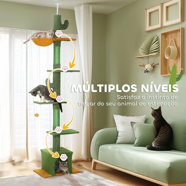 Arranhador para Gatos de Chão a Teto de 230 - 275 cm com Altura Ajustável Postes de Sisal e Bola de Brincar Verde