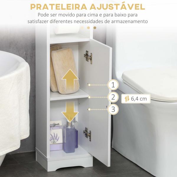 Armário Casa de Banho Armário Auxiliar com Prateleira Ajustável e Suporte para Papel Higiênico 23x18x100 cm Branco