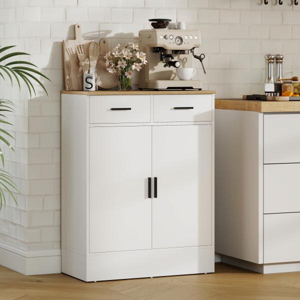 Aparador de Sala de Estar com 2 Gavetas e Prateleiras Ajustáveis 68,6x35x90,3 cm Branco e Madeira