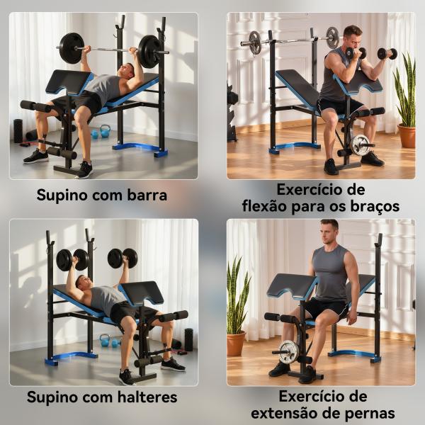 Banco de Musculação Multifuncional com Suporte para Barras e Encosto Ajustável 155x56,5x120 cm Preto e Azul