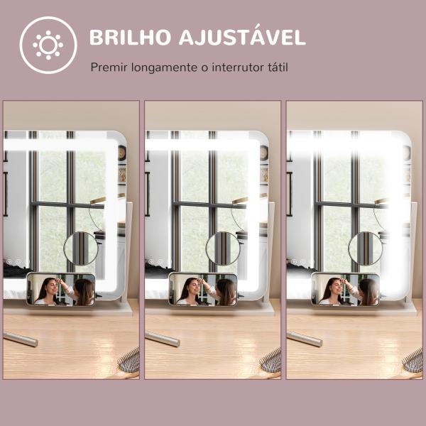 Espelho de Maquilhagem com Luzes 3 Modos de Iluminação Suporte para Telemóvel e Entrada USB 62,5x14x49,5 cm Branco