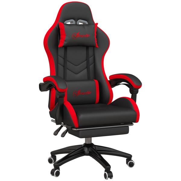 Cadeira Gaming Ergonómica Reclinável 135° de Couro PU com Suporte Lombar Altura Ajustável 65x65x129 cm Preto e Vermelho