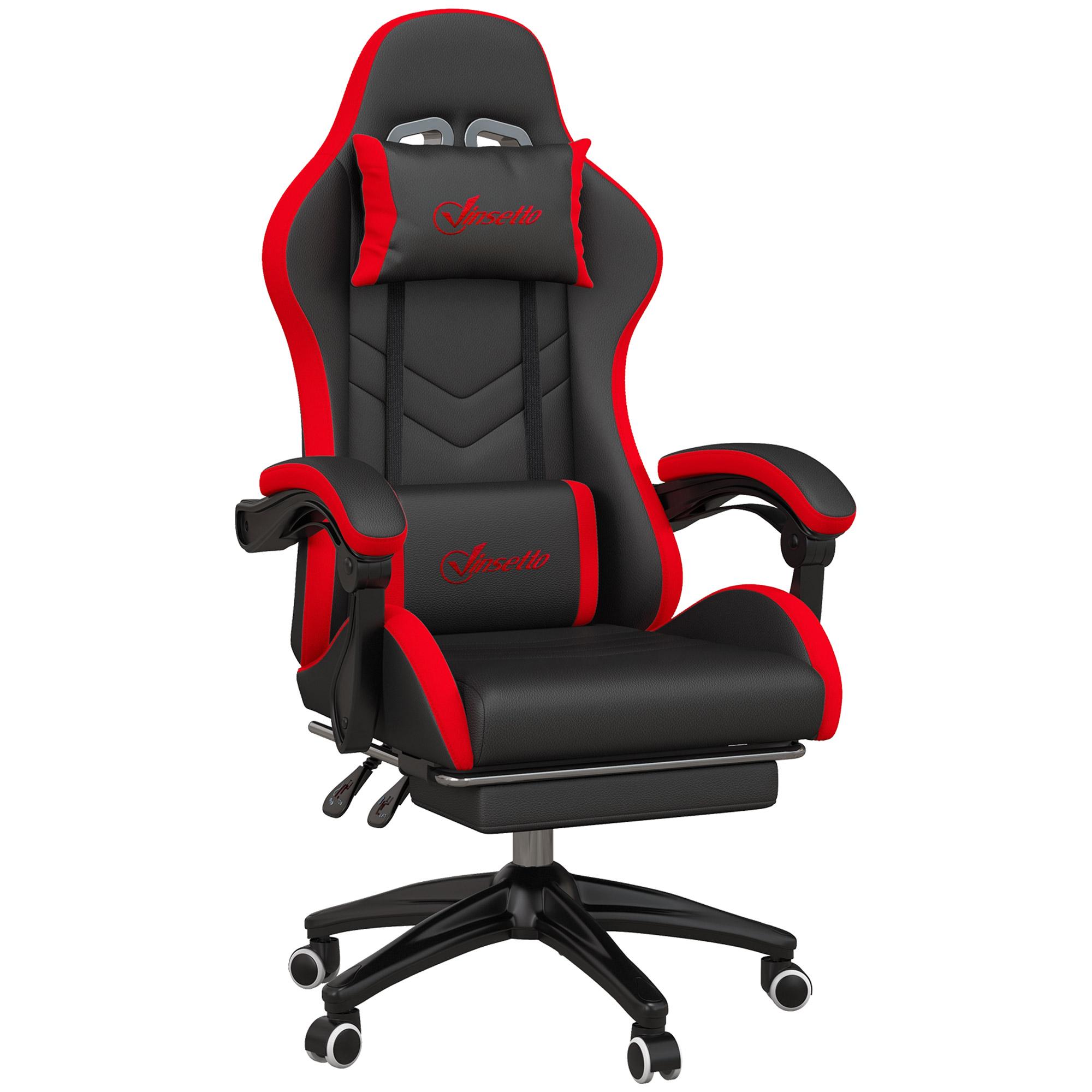 Cadeira Gaming Ergonómica Reclinável 135° de Couro PU com Suporte Lombar Altura Ajustável 65x65x129 cm Preto e Vermelho