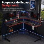 Secretária de Canto com Tomadas em Forma de L 128x128 cm com Suporte para Monitor Gancho e Suporte para Copos Preta