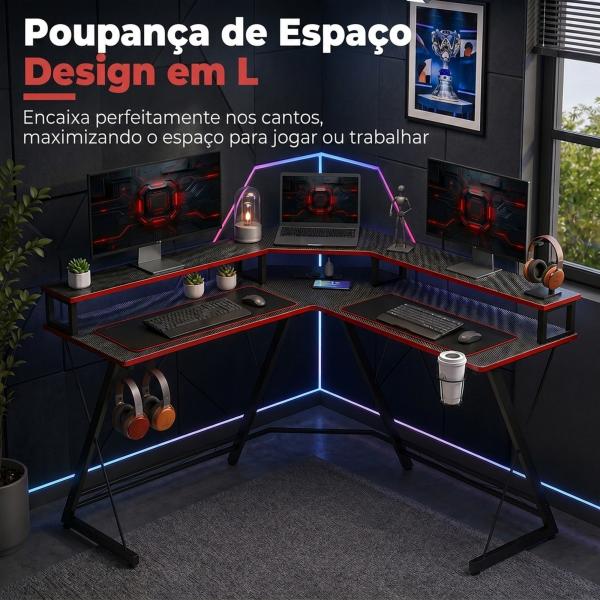 Secretária de Canto com Tomadas em Forma de L 128x128 cm com Suporte para Monitor Gancho e Suporte para Copos Preta