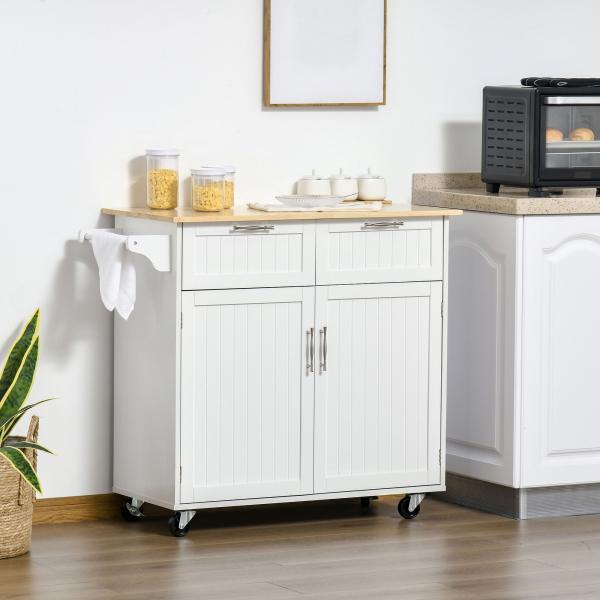Carrinho de Cozinha com Rodas Móvel Auxiliar de Cozinha com 2 Gavetas 2 Portas Prateleira Ajustável 104x46x91 cm Branco