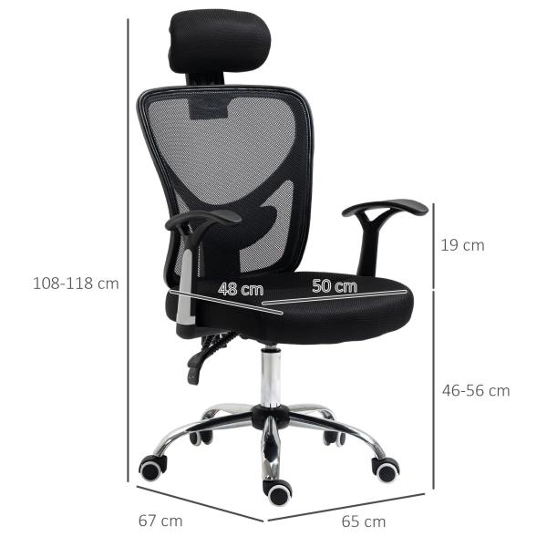 Cadeira de Escritório Ergonômica Cadeira de Escritório Giratória com Altura Ajustável Função Reclinável Apoio para a Cabeça e Suporte Lombar 65x67x108 - 118cm Preto