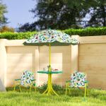 Conjunto Infantil de Mesa e Cadeiras de Jardim de 4 Peças Cadeiras Dobráveis Chapéu de Sol Desmontável Design de Selva Verde