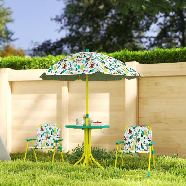 Conjunto Infantil de Mesa e Cadeiras de Jardim de 4 Peças Cadeiras Dobráveis Chapéu de Sol Desmontável Design de Selva Verde