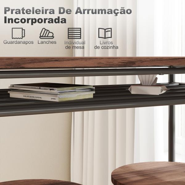 Mesa Alta de Cozinha com 2 Bancos EstiIo Industrial Prateleira Aberta Apoio para Pés para Espaços Reduzidos Castanho