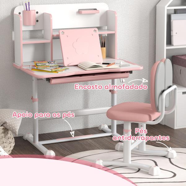 Conjunto de Secretária e Cadeira para Crianças Secretária Infantil Altura Ajustável 80x55x107,5 cm Rosa