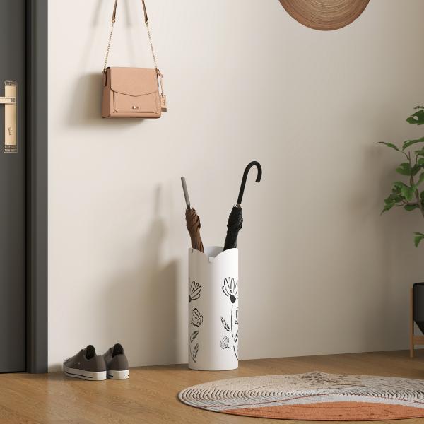 Suporte para Guarda Chuva em Aço com 4 Ganchos Bandeja de Gotejamento Amovível para Entrada ou Escritório Branco 17x17x41 cm