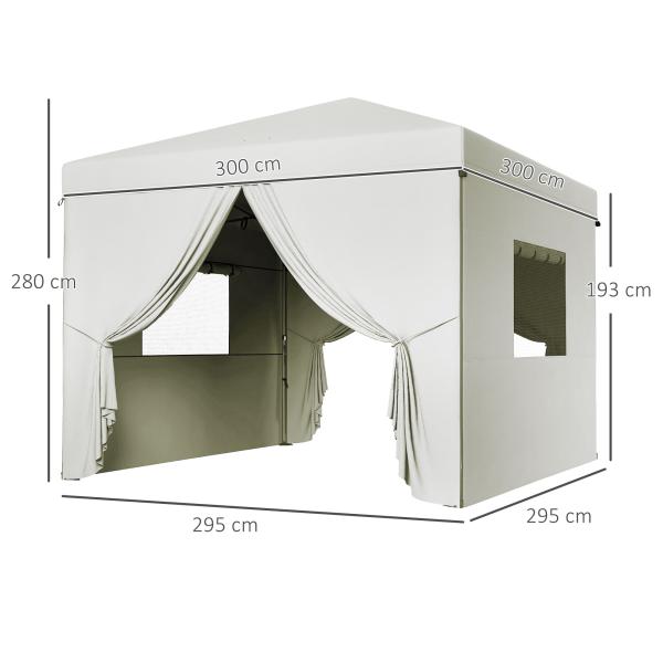 Tenda Dobrável 3x3 m Tenda de Jardim com 4 Paredes Laterais 2 Janelas de Malha Altura Ajustável Impermeável e Anti - UV Branco