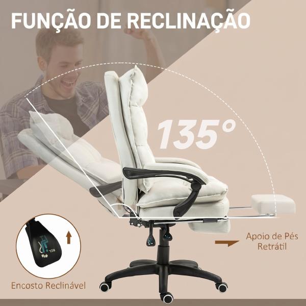 Cadeira de Secretária com Massagem, Altura Ajustável, Encosto Reclinável, Apoio para os Pés e Rotação 360°, Creme