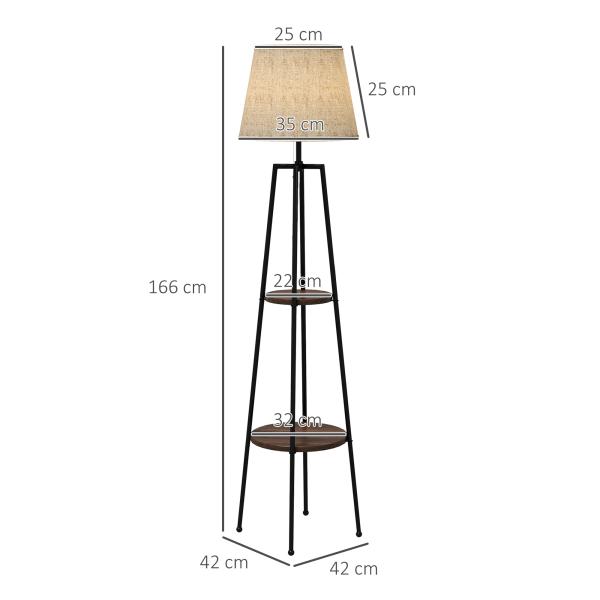 Candeeiro de Pé com 2 Prateleiras Soquete E27 40 W Abat - Jour Têxtil 42x42x166 cm Preto