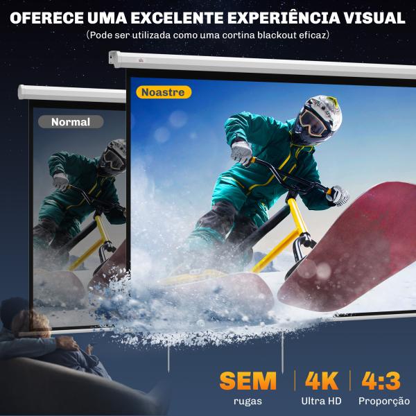 Tela de Projeção de 84 Polegadas Tela de Projetor Manual Formato 4:3 4K Montagem na Parede ou Teto 181x8x138 cm Branco