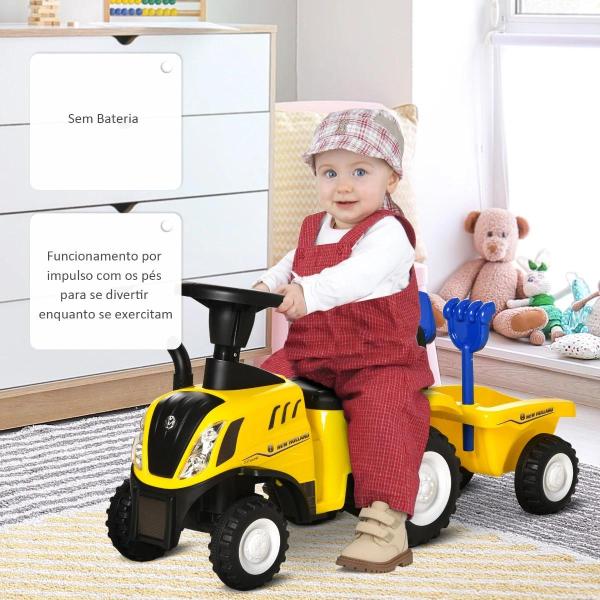 Trator para Crianças de 12 - 36 Meses com Reboque Removível Carro Andador com Buzina Farol Pá e Ancinho Carga 25kg 91x29x44cm Amarelo