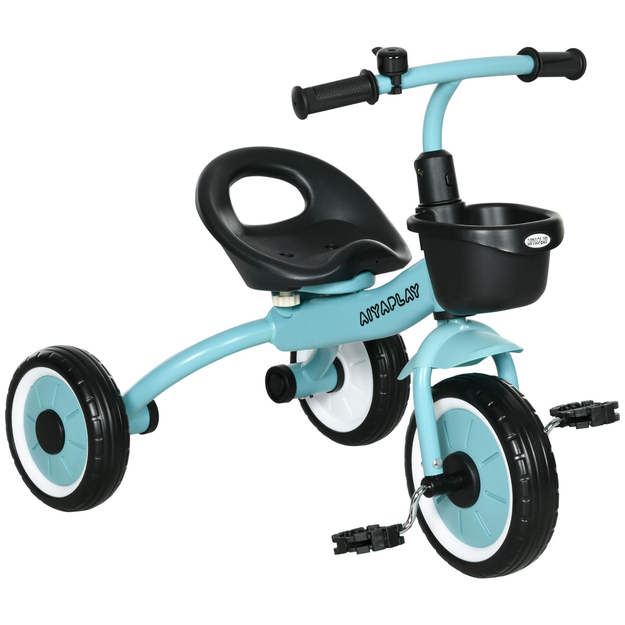 Triciclo para Crianças de 2 a 5 anos com Assento Ajustável Cesta Buzina e Pedais e 3 Rodas 70,5x53x58 cm Azul