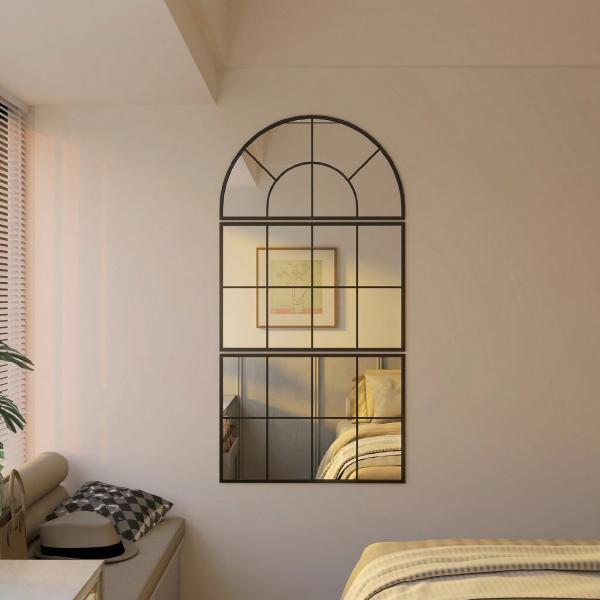 Espelho de Parede 76x149 cm 3 Peças Espelho de Entrada com Moldura de Metal em Forma de Janela para Sala Preto