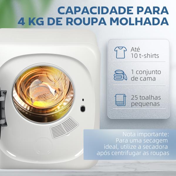 Máquina de Secar Roupa 4 kg 800W com Função Anti - Vincos Esterilização 5 Programas Carga Frontal 48x40x56 cm Branco