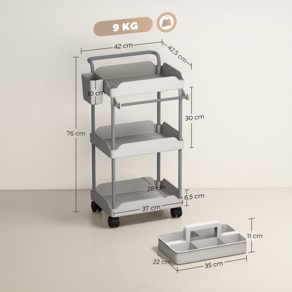 Carrinho Auxiliar com Rodas de 3 Níveis com Cestos Extraíveis Suporte para Toalhas e Estrutura de Metal 42x42,5x76 cm Cinza