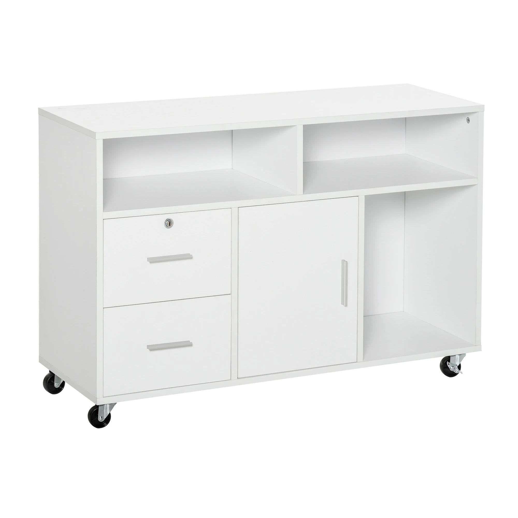 Móvel Auxiliar de Escritório Móvel Arquivador com Rodas Prateleiras Gaveta e Armário Multiuso com Grande Armazenamento 100x35x65cm Branco