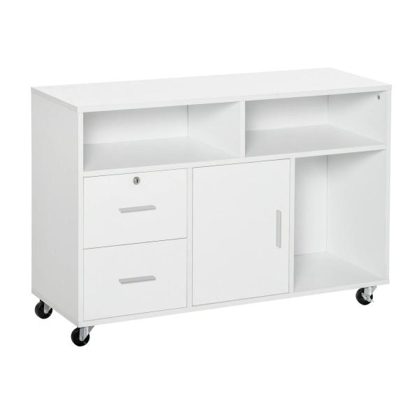 Móvel Auxiliar de Escritório Móvel Arquivador com Rodas Prateleiras Gaveta e Armário Multiuso com Grande Armazenamento 100x35x65cm Branco