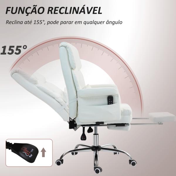 Cadeira de Escritório com Massagem em 6 Pontos Apoio para os Pés Retrátil Controlo Remoto e Suporte Lombar 69x65x115 cm Branco