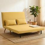 Sofá - Cama de 2 Lugares Dobrável Estofado em Linho com Encosto Ajustável em 5 Posições e 2 Almofadas Amarelo