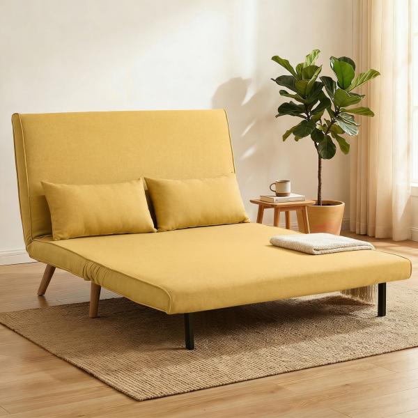 Sofá - Cama de 2 Lugares Dobrável Estofado em Linho com Encosto Ajustável em 5 Posições e 2 Almofadas Amarelo