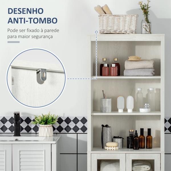 Armário Alto de Casa de Banho com 2 Portas de Vidro e 3 Prateleiras Armário Auxiliar Estilo Moderno 53x30x162cm Branco