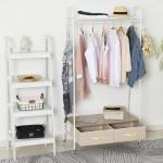 Suporte para Cabides de Metálico Cabideiro com Rodas Prateleira e 2 Gavetas para Organizar Roupas Bolsos 99x47x185cm Branco