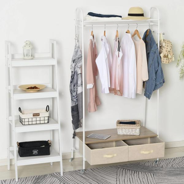 Suporte para Cabides de Metálico Cabideiro com Rodas Prateleira e 2 Gavetas para Organizar Roupas Bolsos 99x47x185cm Branco