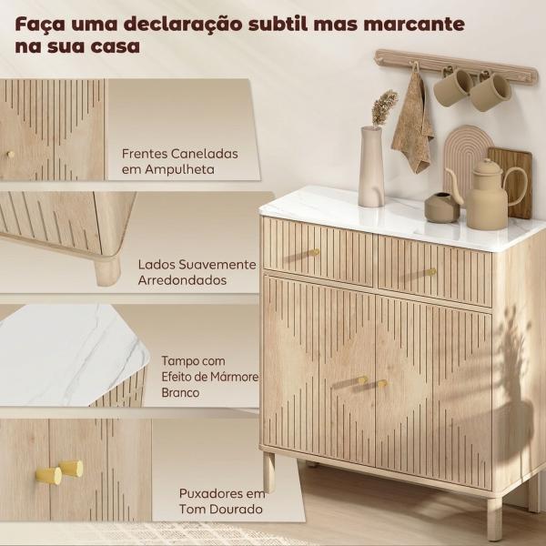 Aparador com 2 Portas e 2 Gavetas, Aparador Moderno para Sala com Prateleira Ajustável e Tampo Efeito Mármore, 77x30x80 cm, Carvalho