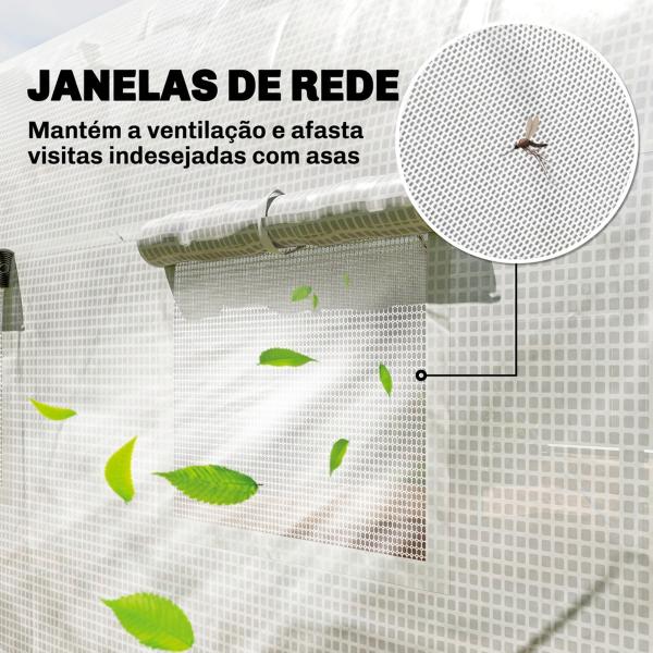 Estufa Tipo Túnel 395x300x200 cm com Porta de Malha e 8 Janelas Estufa de Jardim com Cobertura de PE Branco