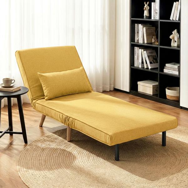 Sofá - Cama Individual Dobrável com Encosto Ajustável em 5 Posições, Sofá - Cama Estofado com Almofada 72x75x85 cm Amarelo
