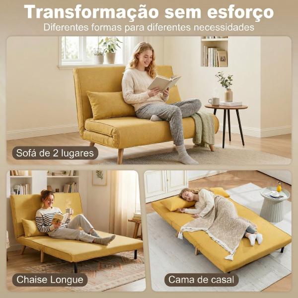 Sofá - Cama de 2 Lugares Dobrável Estofado em Linho com Encosto Ajustável em 5 Posições e 2 Almofadas Amarelo