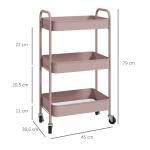 Carrinho Auxiliar de 3 Níveis com Rodas Carrinho de Armazenamento Deslizante para Cozinha Sala 45x30.6x79 cm Rosa
