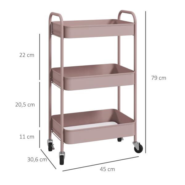 Carrinho Auxiliar de 3 Níveis com Rodas Carrinho de Armazenamento Deslizante para Cozinha Sala 45x30.6x79 cm Rosa
