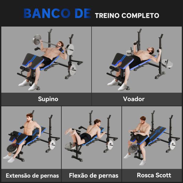 Banco de Musculação com Encosto Ajustável e Suporte para Barras Regulável para Treino em Casa Ginásio 175x139x127 cm Preto e Azul