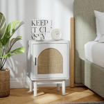 Mesa de Cabeceira com Porta de Vime Prateleira Ajustável e Pés de Madeira Estilo Boémio Mesa Auxiliar 40x35x58 cm Branco