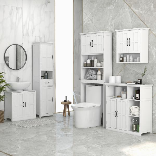 Coluna de Casa de Banho com 2 Portas 1 Gaveta Prateleira Aberta e Prateleiras Ajustáveis 40x30x164 cm Branco