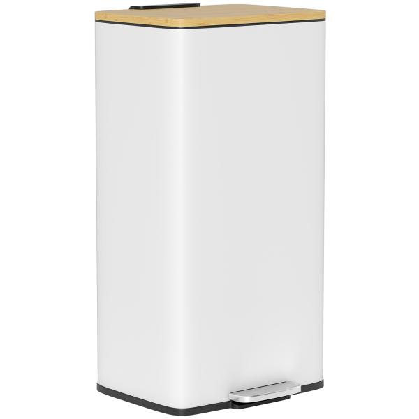 Balde de Lixo de Cozinha com Pedal 20L Tampa de Bambu com Fecho Suave 29,5x29,5x56,8 cm Branco e Madeira