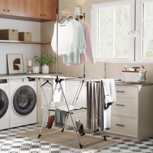 Estendal Vertical Dobrável com Laterais Ajustáveis em 5 Níveis 4 Suportes para Calçado 139x62,5x201 cm Prata