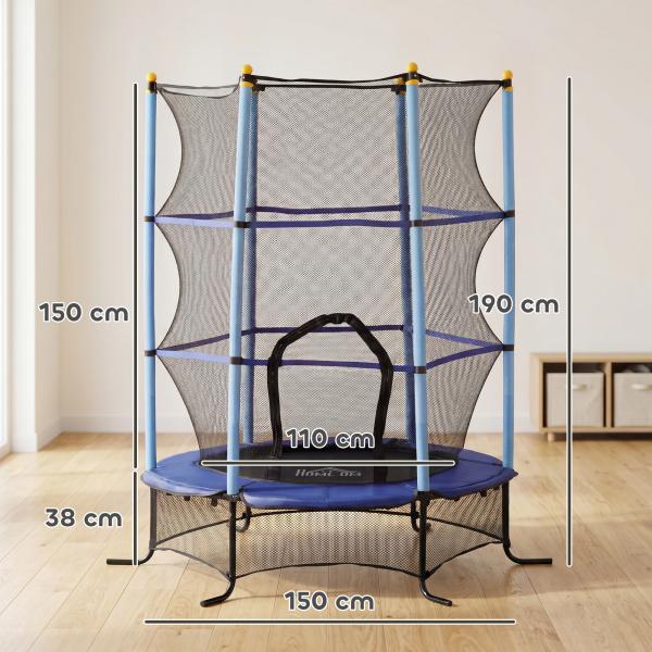 Trampolim para Crianças com Rede de Segurança e Estrutura de Aço para Interiores e Exteriores Carga 50 kg Ø163x190 cm Azul